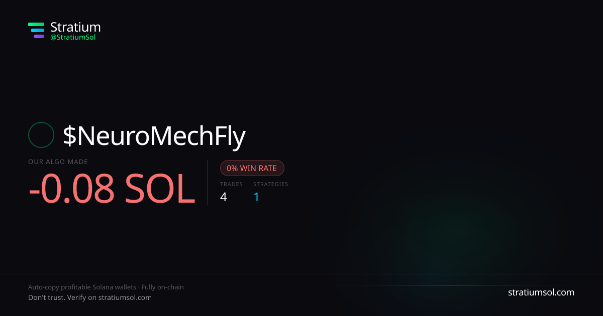 NeuroMechFly copy trading performance on Stratium — 4 trades, 0% win rate, -0.08 SOL PnL