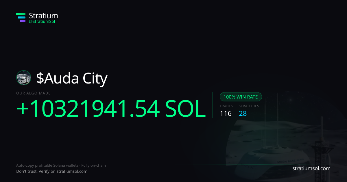 Auda City copy trading performance on Stratium — 116 trades, 100% win rate, +10321941.54 SOL PnL