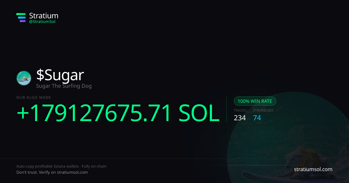 Sugar copy trading performance on Stratium — 234 trades, 100% win rate, +179127675.71 SOL PnL