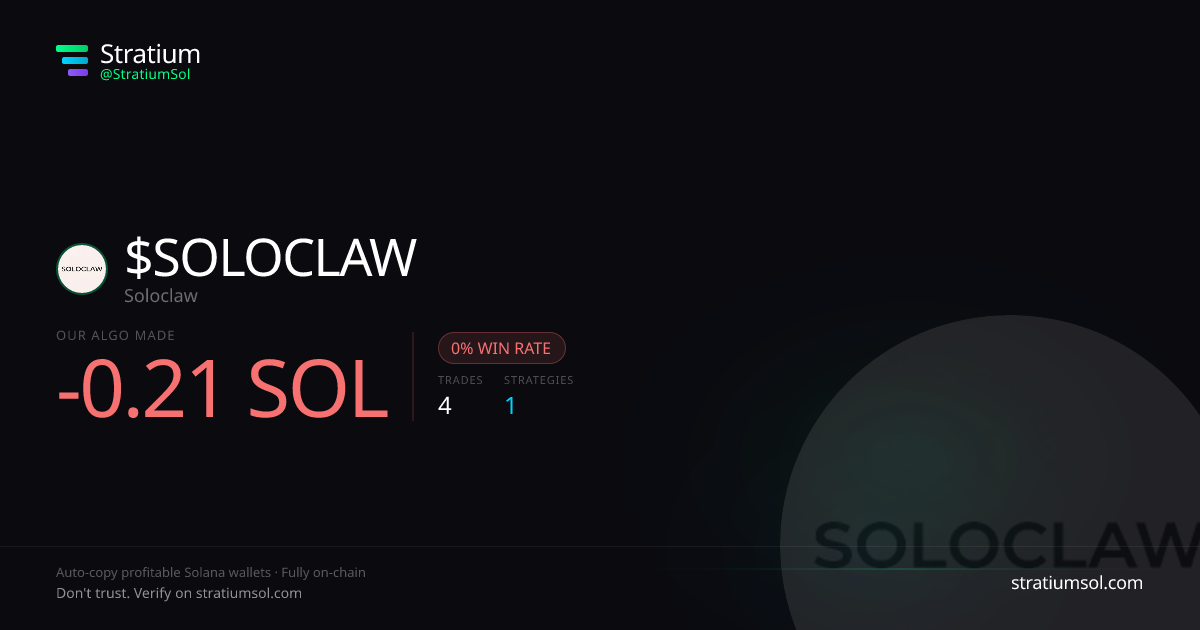 SOLOCLAW copy trading performance on Stratium — 4 trades, 0% win rate, -0.21 SOL PnL
