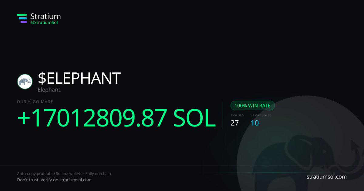 ELEPHANT copy trading performance on Stratium — 27 trades, 100% win rate, +17012809.87 SOL PnL