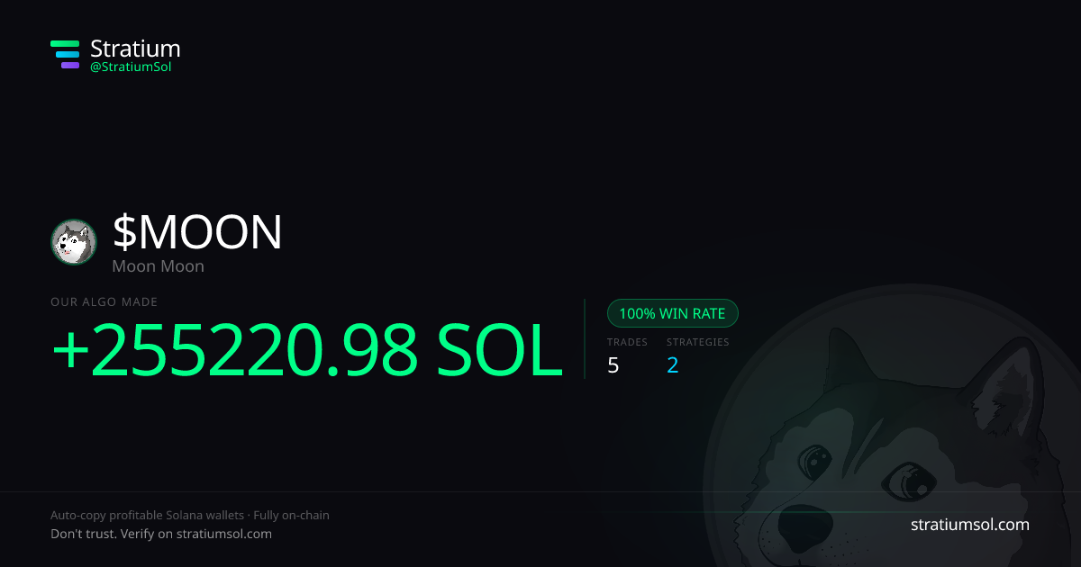 MOON copy trading performance on Stratium — 5 trades, 100% win rate, +255220.98 SOL PnL