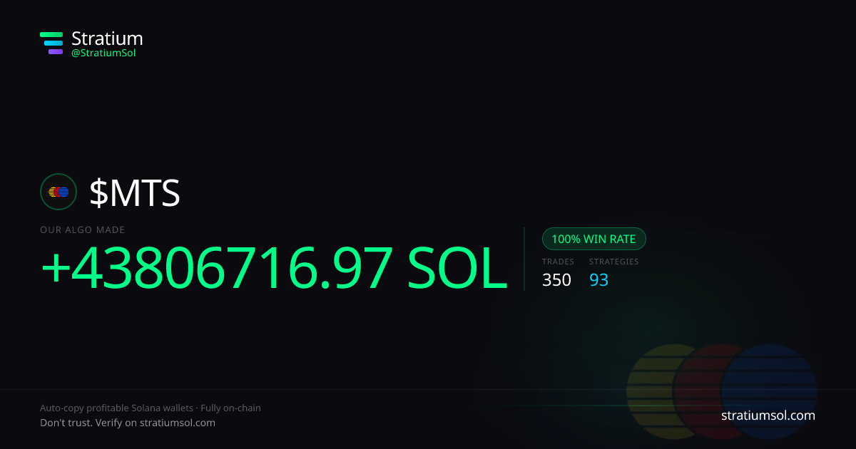 MTS copy trading performance on Stratium — 350 trades, 100% win rate, +43806716.97 SOL PnL