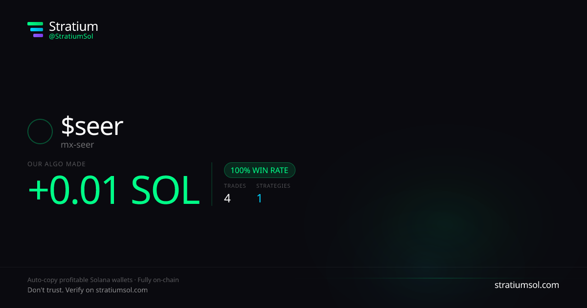 seer copy trading performance on Stratium — 4 trades, 100% win rate, +0.01 SOL PnL