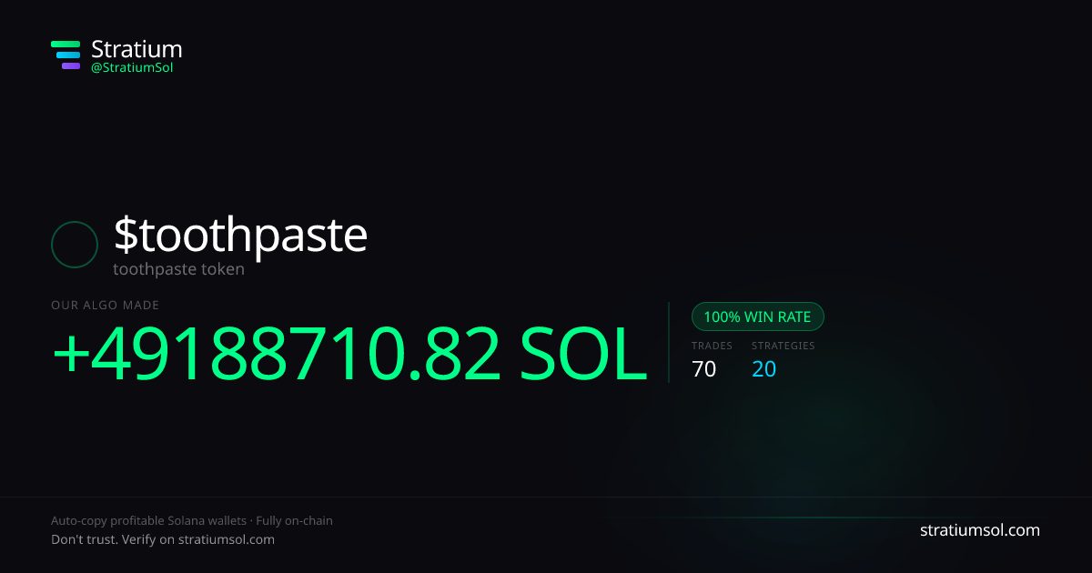 toothpaste copy trading performance on Stratium — 70 trades, 100% win rate, +49188710.82 SOL PnL