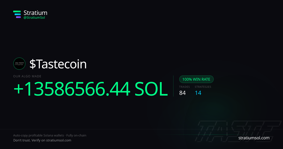 Tastecoin copy trading performance on Stratium — 84 trades, 100% win rate, +13586566.44 SOL PnL