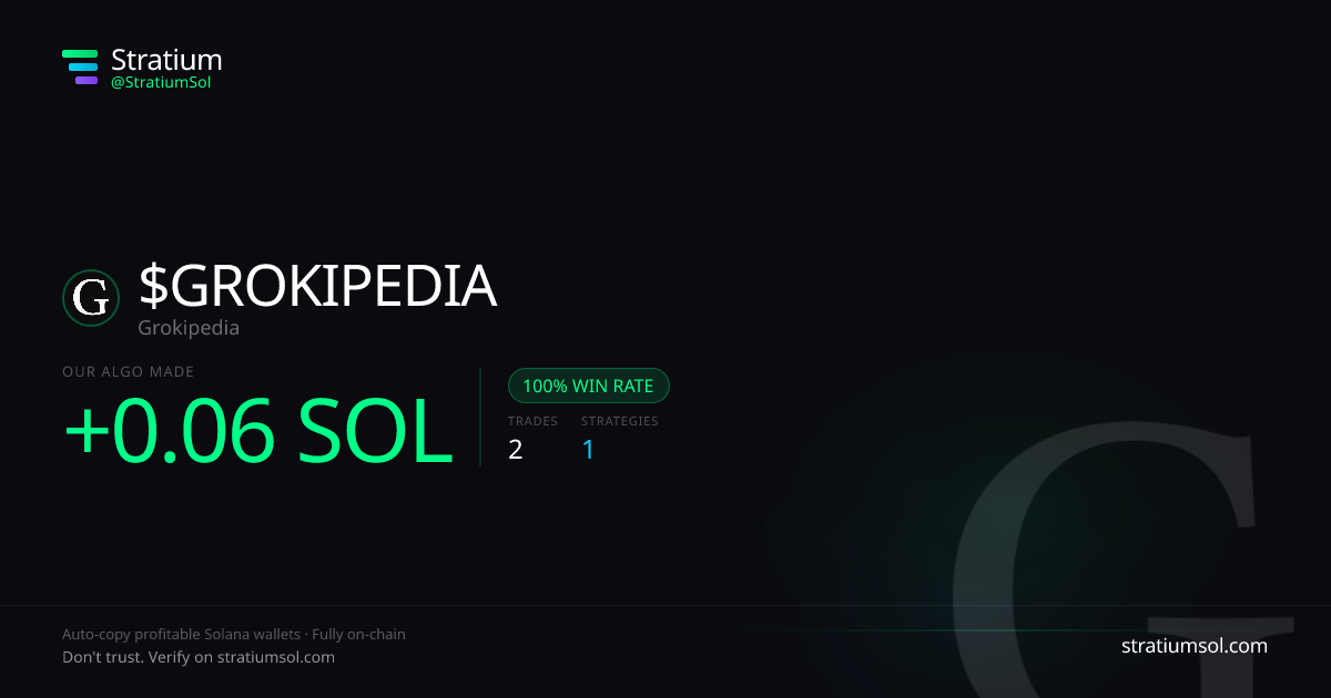 GROKIPEDIA copy trading performance on Stratium — 2 trades, 100% win rate, +0.06 SOL PnL
