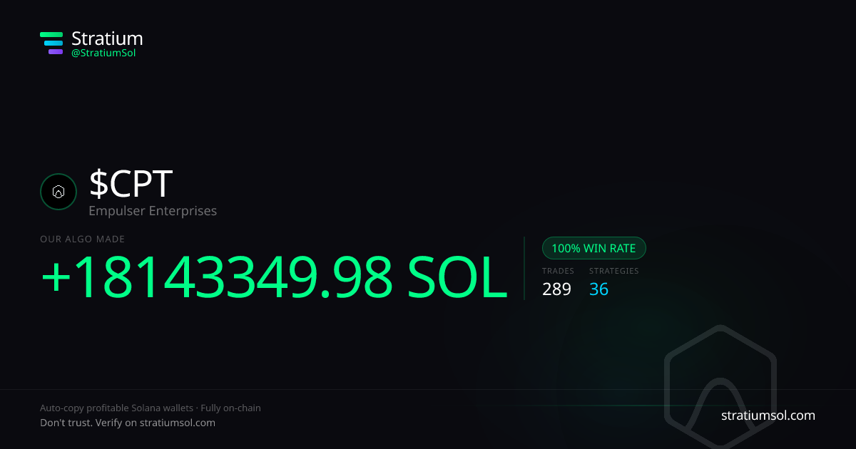 CPT copy trading performance on Stratium — 289 trades, 100% win rate, +18143349.98 SOL PnL
