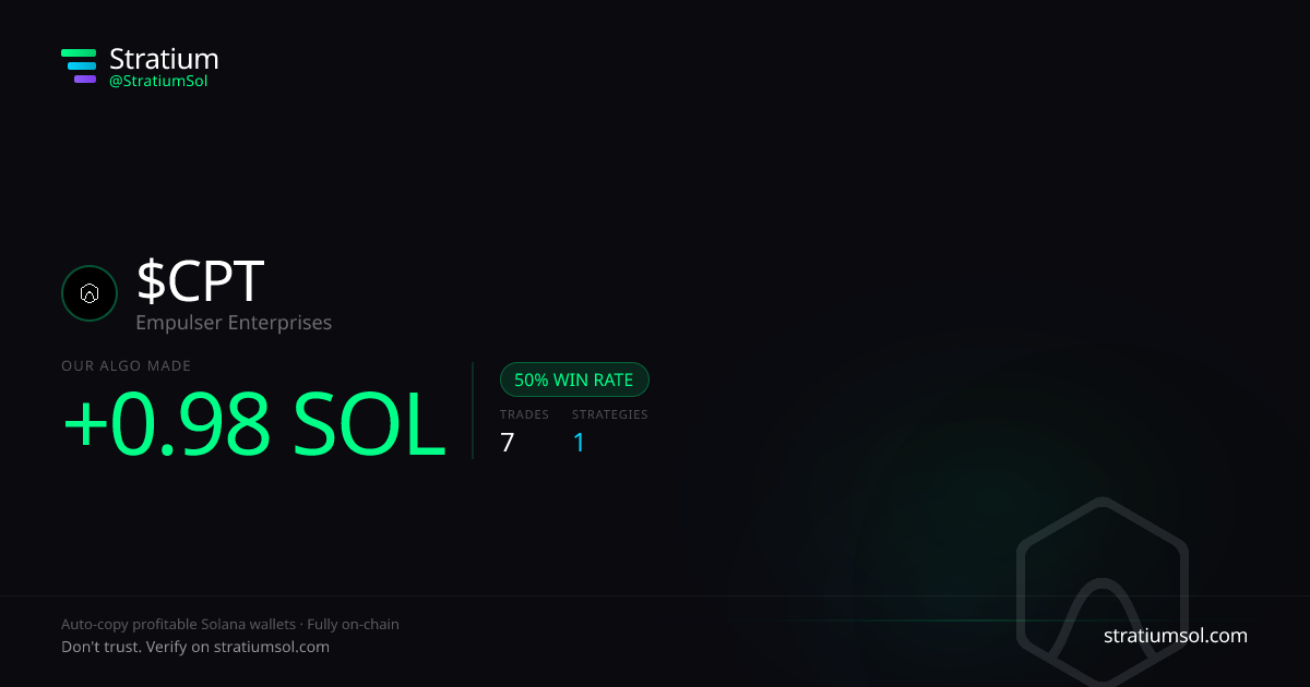 CPT copy trading performance on Stratium — 7 trades, 50% win rate, +0.98 SOL PnL