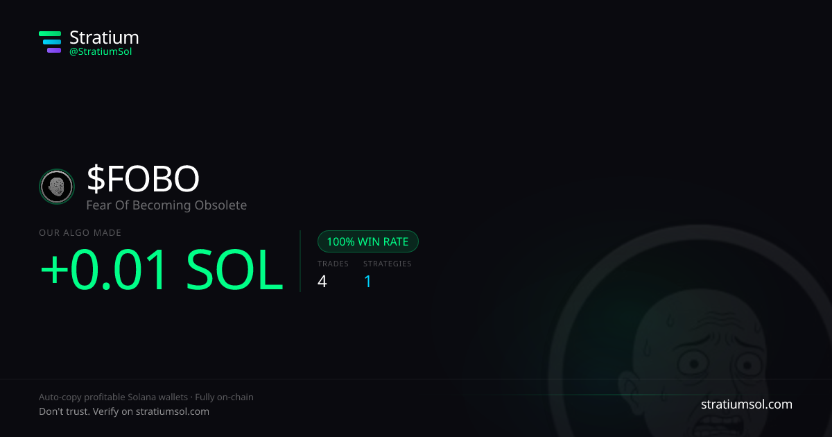 FOBO copy trading performance on Stratium — 4 trades, 100% win rate, +0.01 SOL PnL