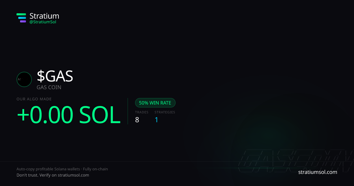 GAS copy trading performance on Stratium — 8 trades, 50% win rate, +0.00 SOL PnL