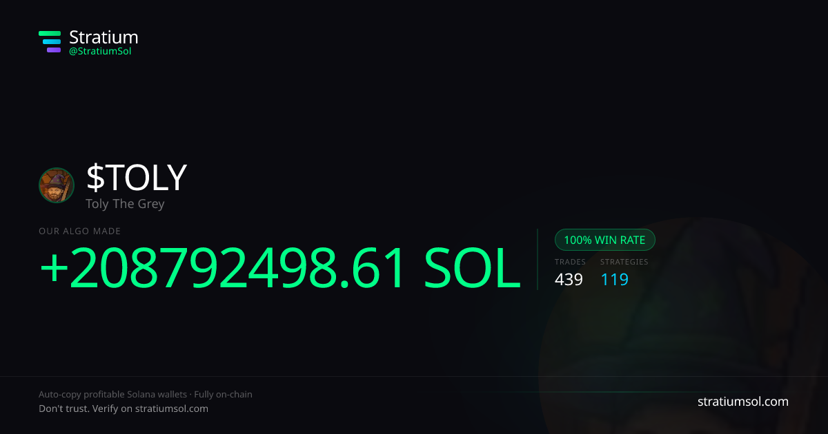 TOLY copy trading performance on Stratium — 439 trades, 100% win rate, +208792498.61 SOL PnL