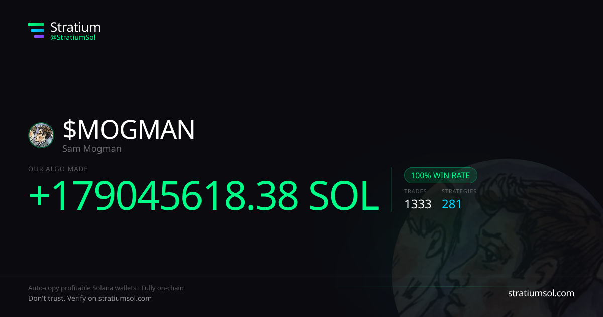 MOGMAN copy trading performance on Stratium — 1333 trades, 100% win rate, +179045618.38 SOL PnL