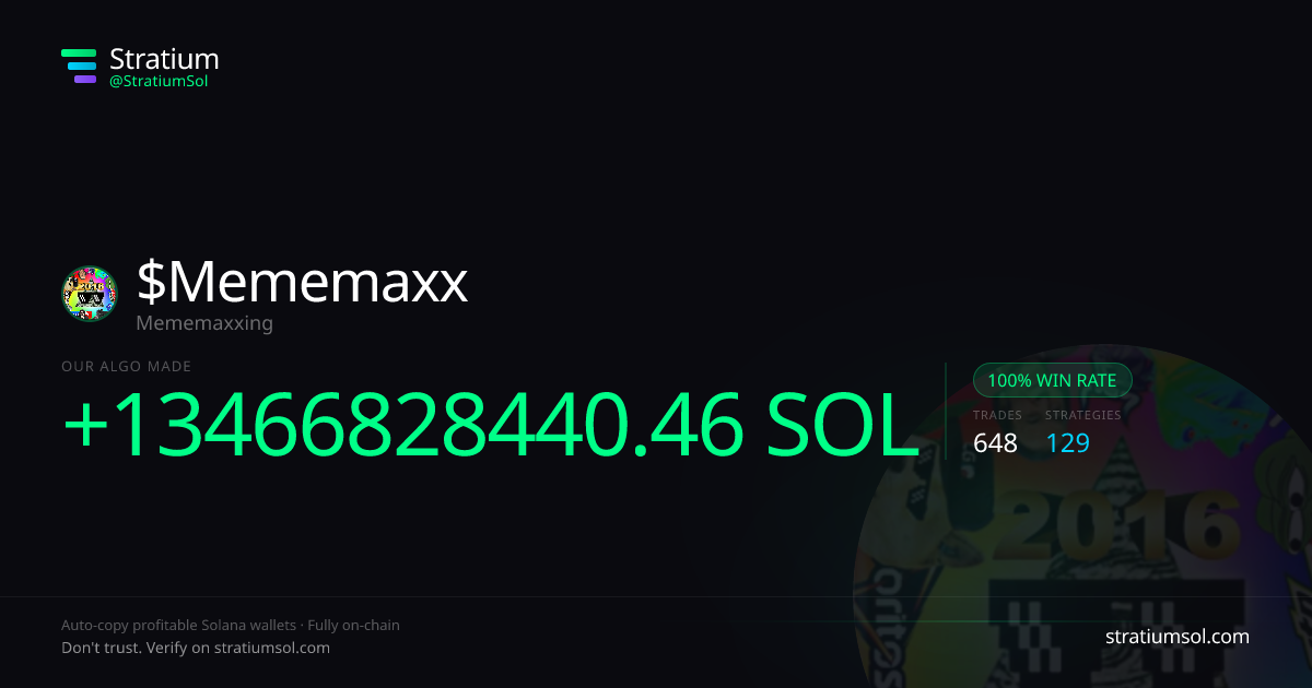 Mememaxx copy trading performance on Stratium — 648 trades, 100% win rate, +13466828440.46 SOL PnL