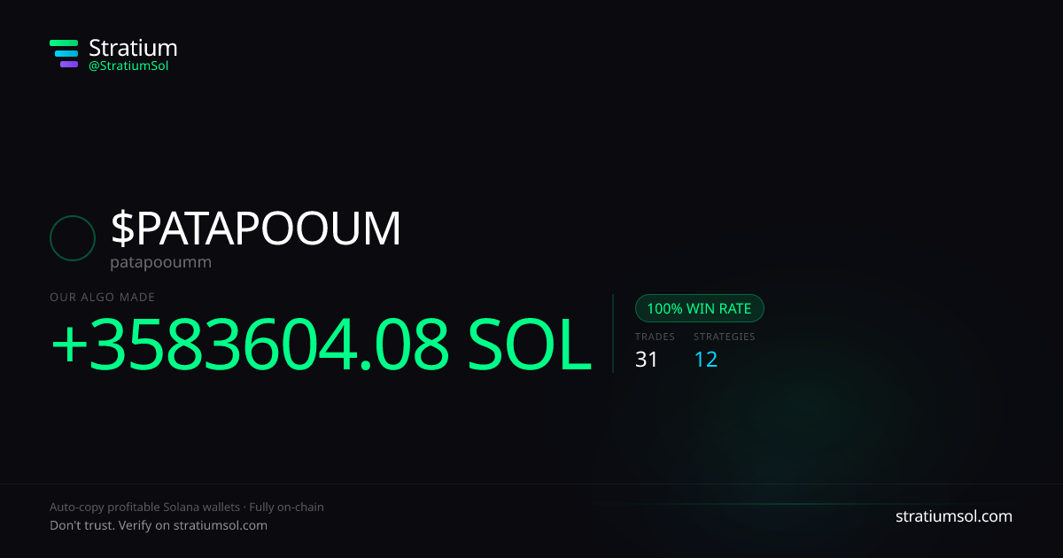 PATAPOOUM copy trading performance on Stratium — 31 trades, 100% win rate, +3583604.08 SOL PnL
