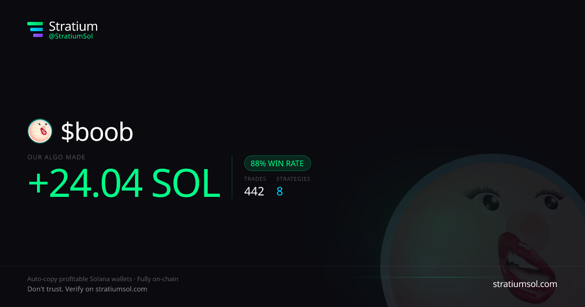 boob copy trading performance on Stratium — 442 trades, 88% win rate, +24.04 SOL PnL