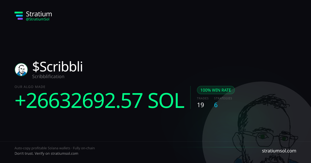 Scribbli copy trading performance on Stratium — 19 trades, 100% win rate, +26632692.57 SOL PnL