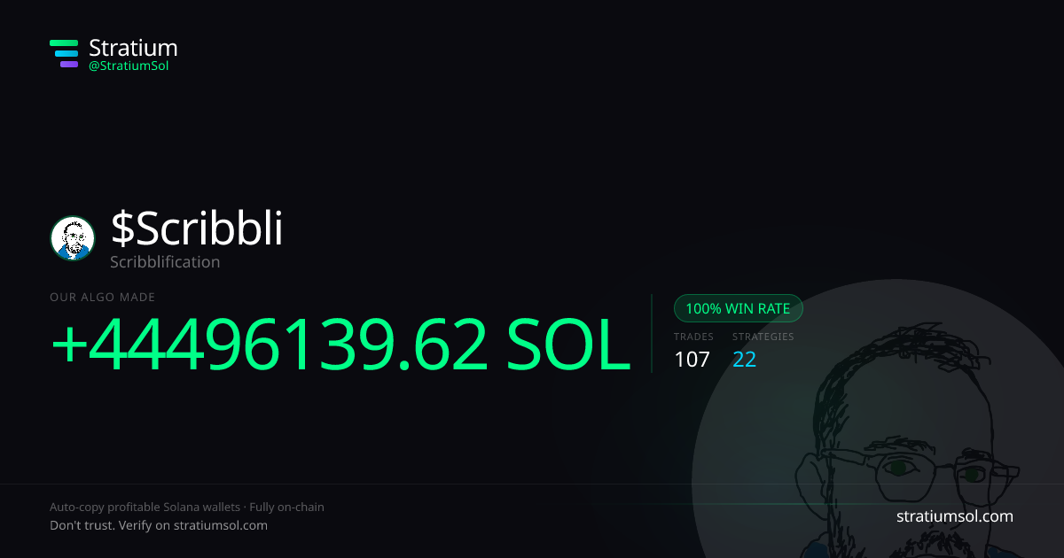Scribbli copy trading performance on Stratium — 107 trades, 100% win rate, +44496139.62 SOL PnL