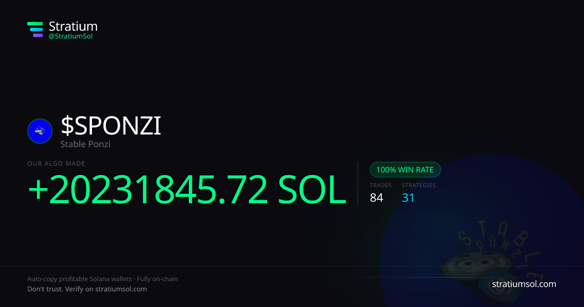 SPONZI copy trading performance on Stratium — 84 trades, 100% win rate, +20231845.72 SOL PnL