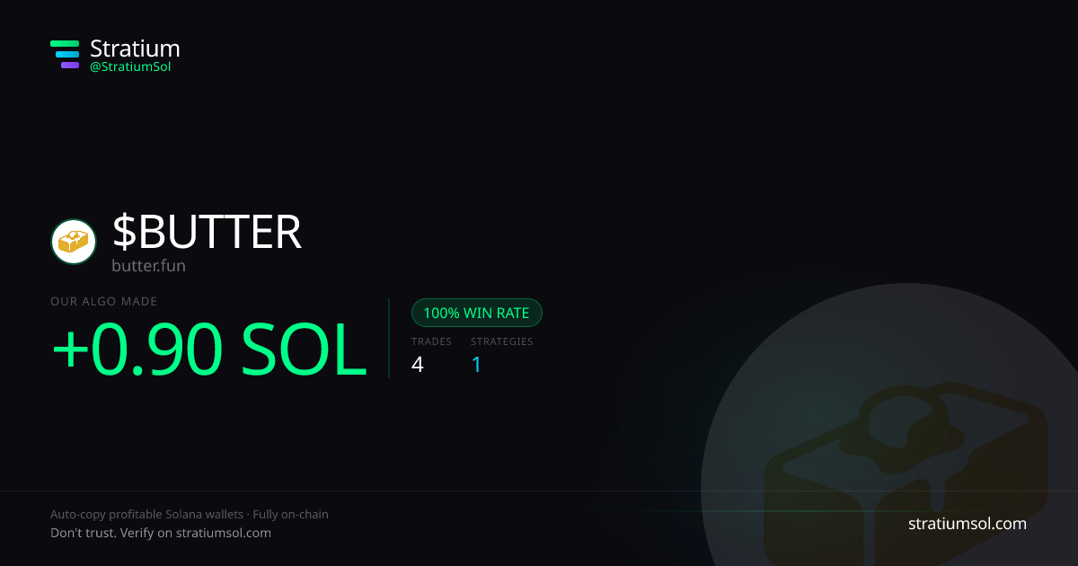 BUTTER copy trading performance on Stratium — 4 trades, 100% win rate, +0.90 SOL PnL