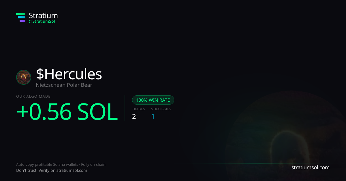 Hercules copy trading performance on Stratium — 2 trades, 100% win rate, +0.56 SOL PnL
