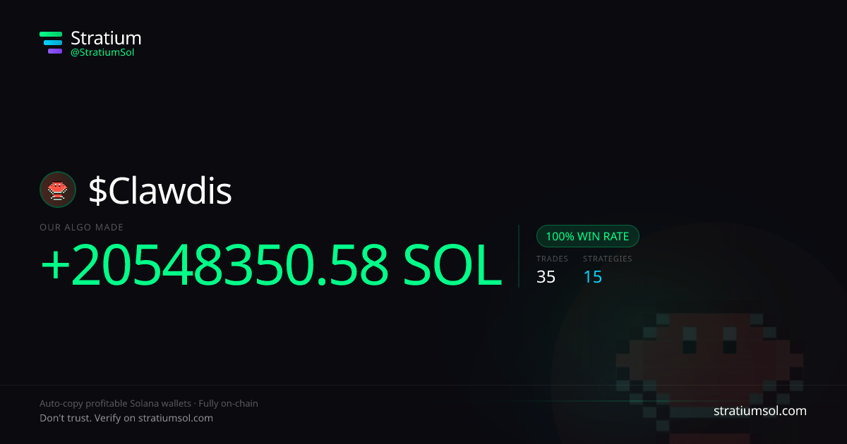 Clawdis copy trading performance on Stratium — 35 trades, 100% win rate, +20548350.58 SOL PnL