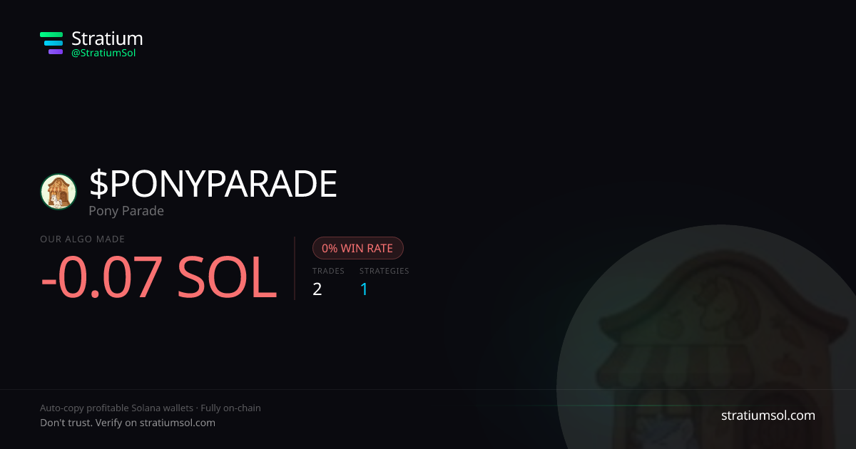 PONYPARADE copy trading performance on Stratium — 2 trades, 0% win rate, -0.07 SOL PnL
