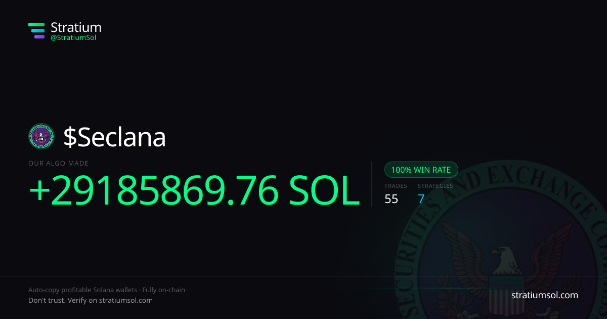 Seclana copy trading performance on Stratium — 55 trades, 100% win rate, +29185869.76 SOL PnL