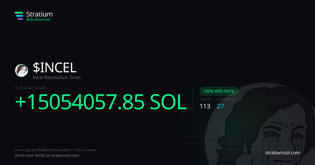 INCEL copy trading performance on Stratium — 113 trades, 100% win rate, +15054057.85 SOL PnL