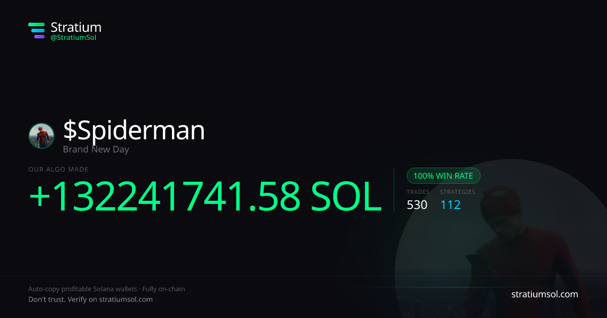 Spiderman copy trading performance on Stratium — 530 trades, 100% win rate, +132241741.58 SOL PnL