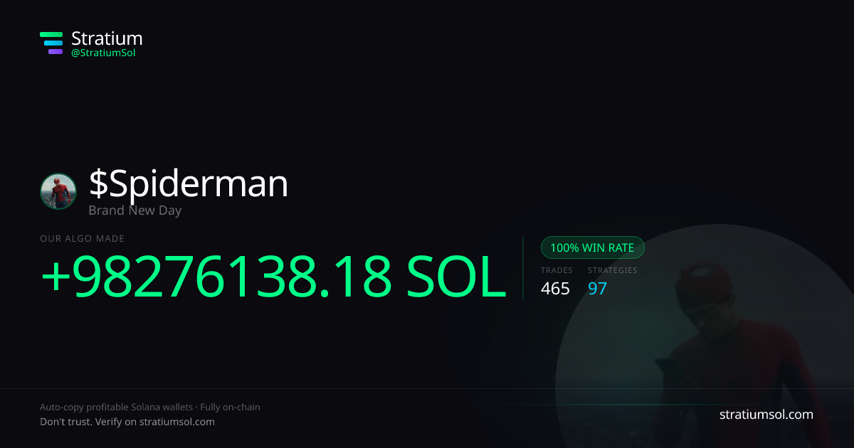 Spiderman copy trading performance on Stratium — 465 trades, 100% win rate, +98276138.18 SOL PnL