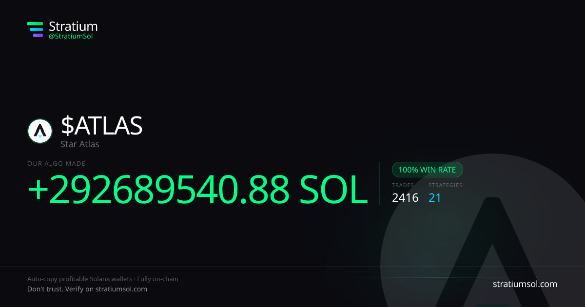 ATLAS copy trading performance on Stratium — 2416 trades, 100% win rate, +292689540.88 SOL PnL