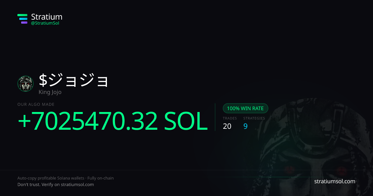ジョジョ copy trading performance on Stratium — 20 trades, 100% win rate, +7025470.32 SOL PnL