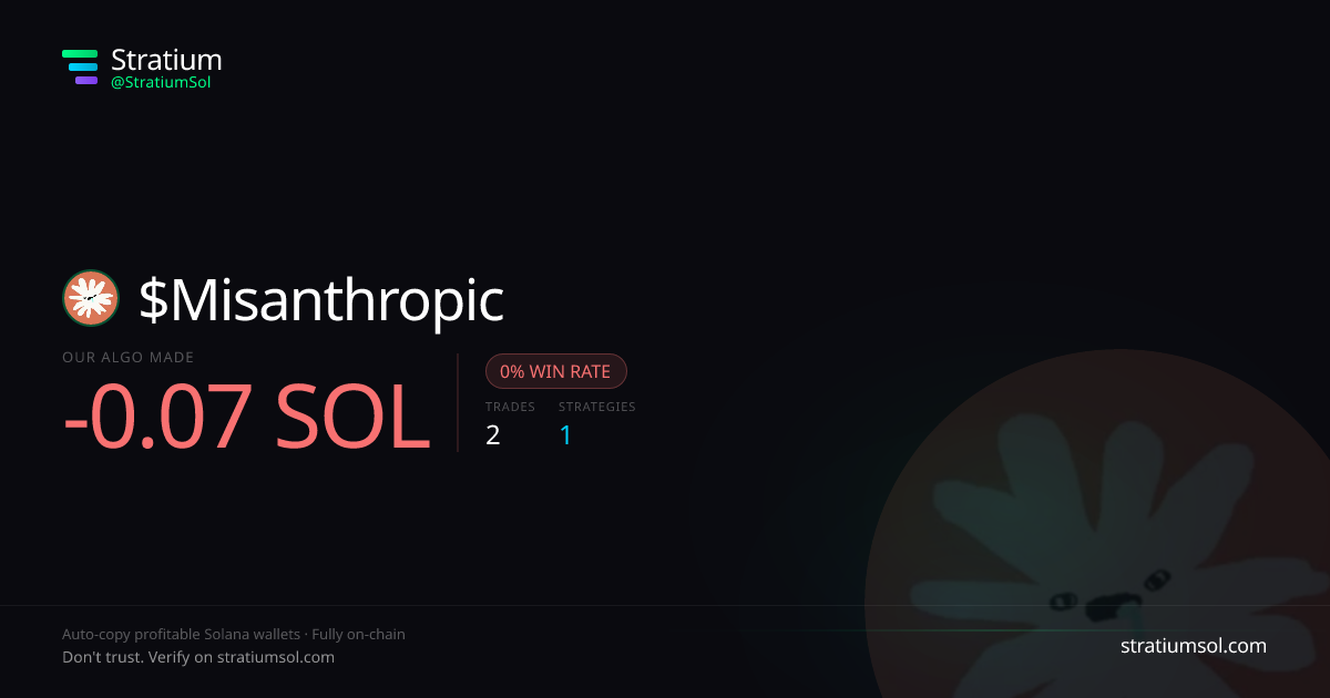 Misanthropic copy trading performance on Stratium — 2 trades, 0% win rate, -0.07 SOL PnL