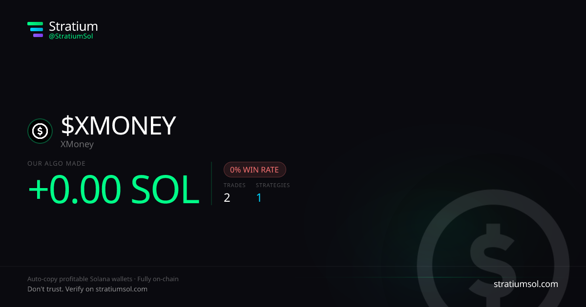 XMONEY copy trading performance on Stratium — 2 trades, 0% win rate, +0.00 SOL PnL