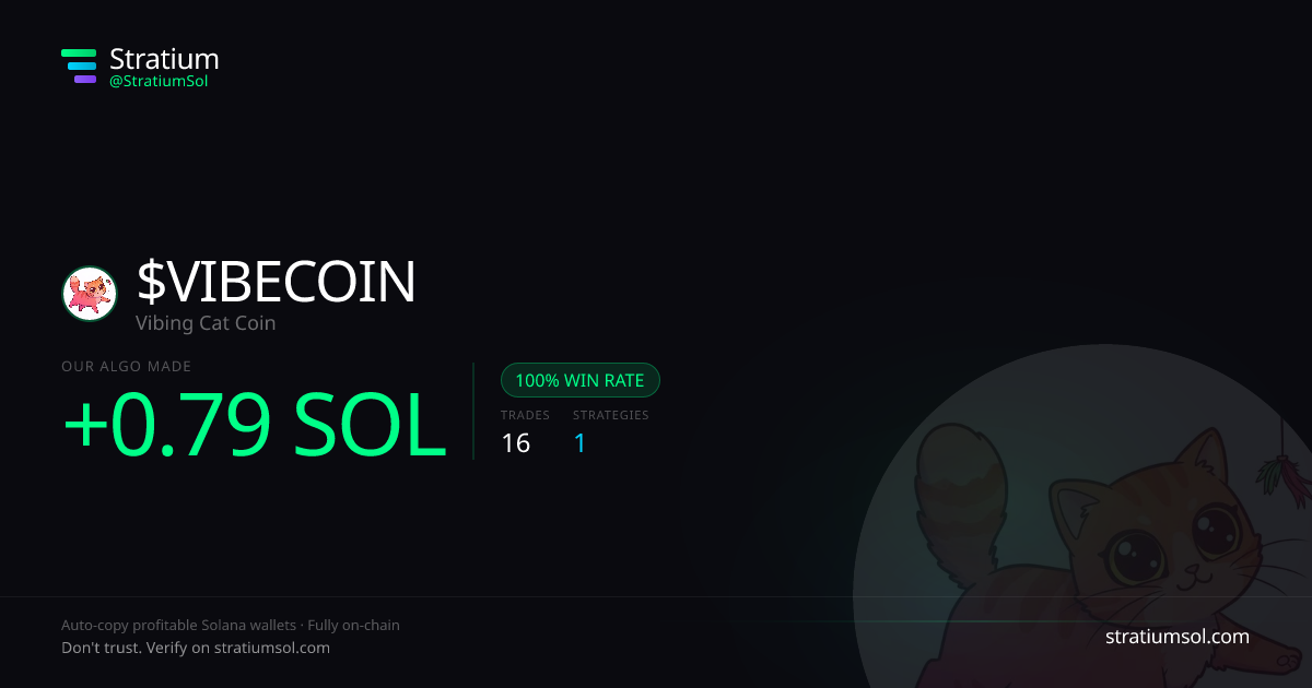 VIBECOIN copy trading performance on Stratium — 16 trades, 100% win rate, +0.79 SOL PnL