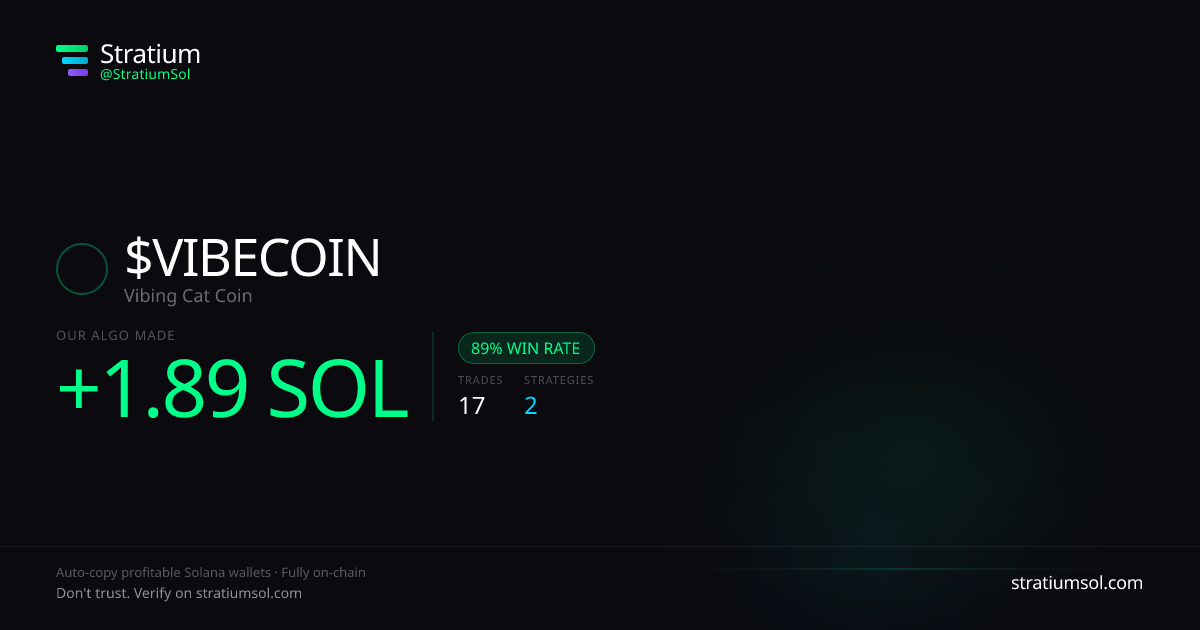 VIBECOIN copy trading performance on Stratium — 17 trades, 89% win rate, +1.89 SOL PnL