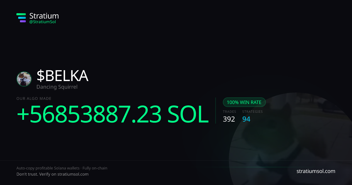 BELKA copy trading performance on Stratium — 392 trades, 100% win rate, +56853887.23 SOL PnL