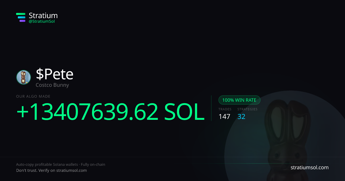 Pete copy trading performance on Stratium — 147 trades, 100% win rate, +13407639.62 SOL PnL