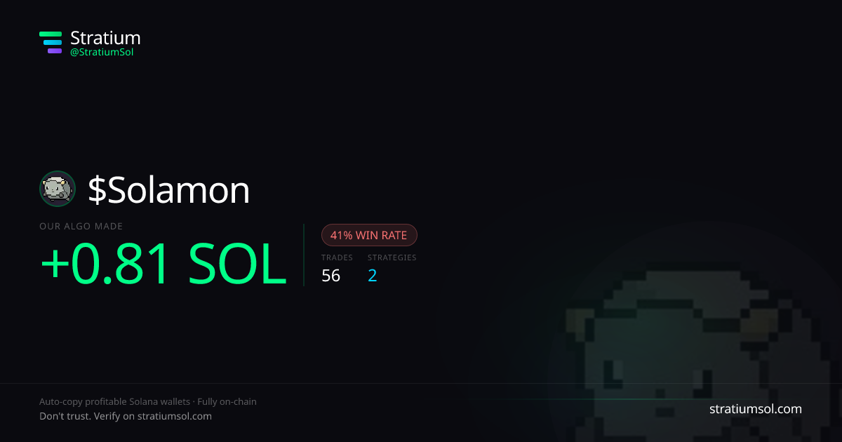 Solamon copy trading performance on Stratium — 56 trades, 41% win rate, +0.81 SOL PnL