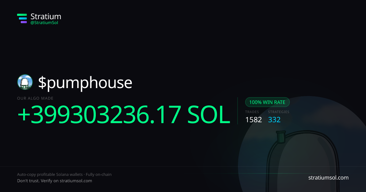 pumphouse copy trading performance on Stratium — 1582 trades, 100% win rate, +399303236.17 SOL PnL
