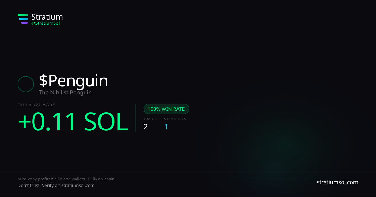 Penguin copy trading performance on Stratium — 2 trades, 100% win rate, +0.11 SOL PnL