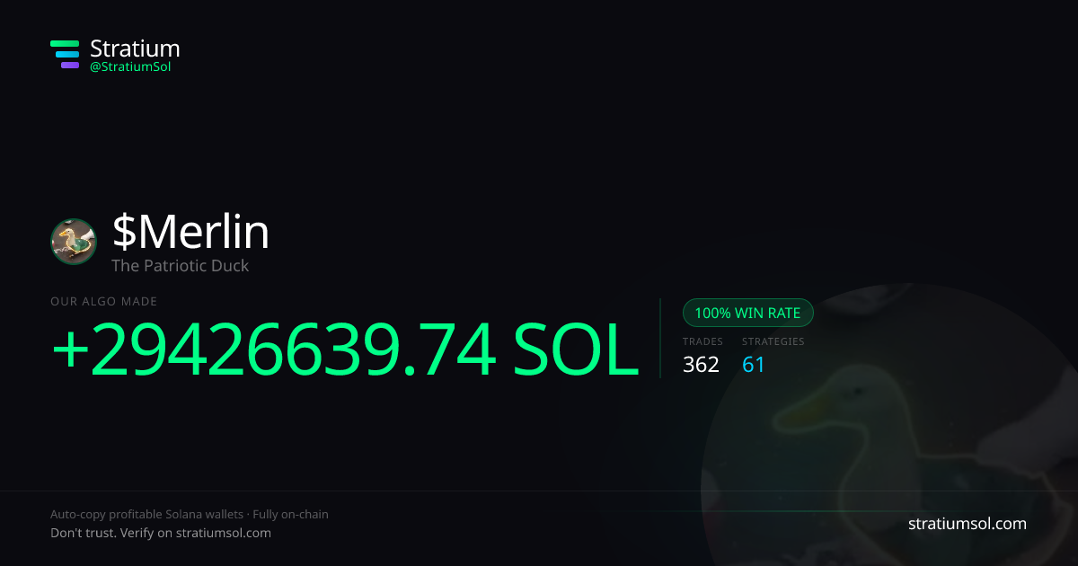 Merlin copy trading performance on Stratium — 362 trades, 100% win rate, +29426639.74 SOL PnL