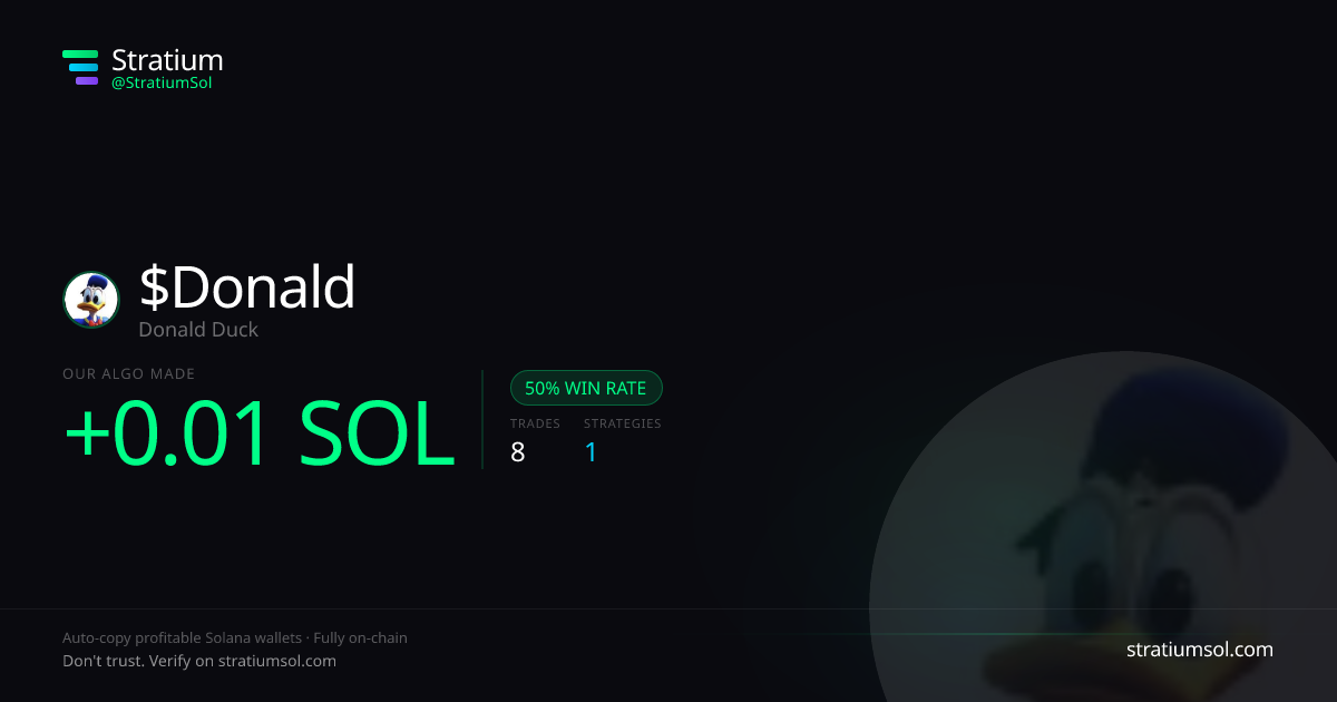 Donald copy trading performance on Stratium — 8 trades, 50% win rate, +0.01 SOL PnL