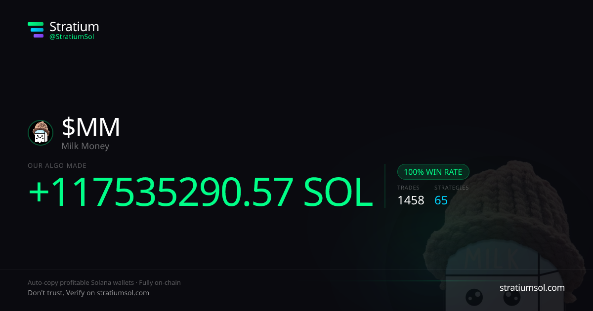 MM copy trading performance on Stratium — 1458 trades, 100% win rate, +117535290.57 SOL PnL