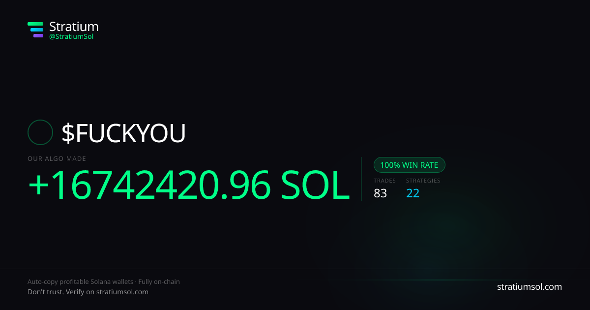 FUCKYOU copy trading performance on Stratium — 83 trades, 100% win rate, +16742420.96 SOL PnL