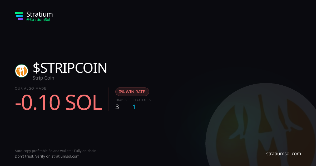 STRIPCOIN copy trading performance on Stratium — 3 trades, 0% win rate, -0.10 SOL PnL