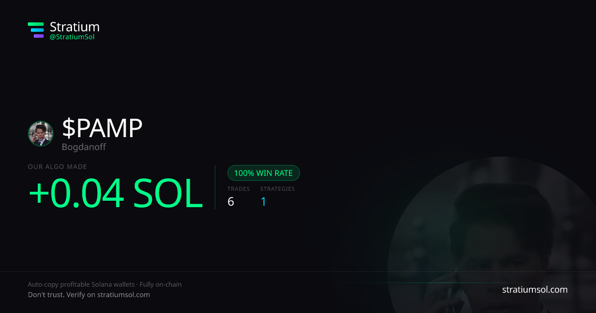 PAMP copy trading performance on Stratium — 6 trades, 100% win rate, +0.04 SOL PnL