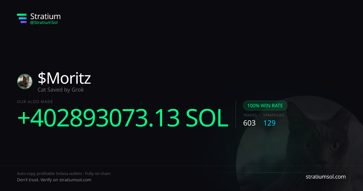 Moritz copy trading performance on Stratium — 603 trades, 100% win rate, +402893073.13 SOL PnL