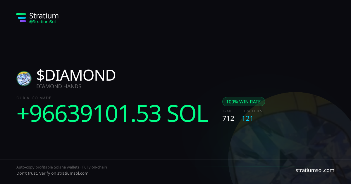DIAMOND copy trading performance on Stratium — 712 trades, 100% win rate, +96639101.53 SOL PnL